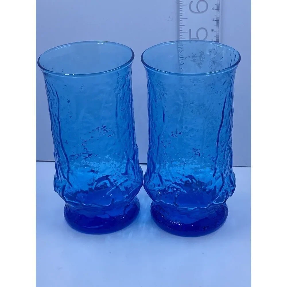 Vintage Anchor Hocking Blue Rain flower 12 oz Glass Tumblers 5 1/2